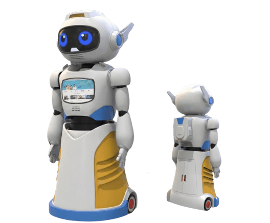 Front and rear views of Robot Panda, a white service robot with a touchscreen